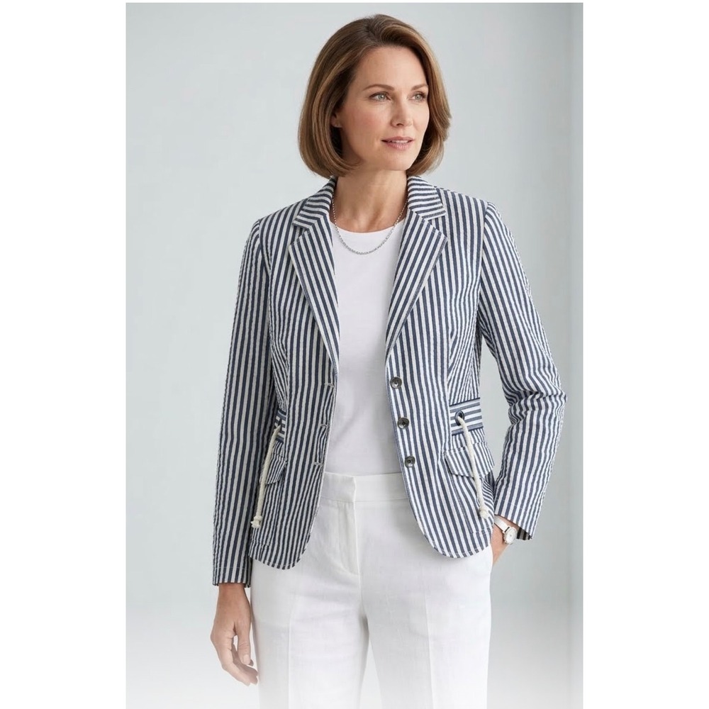 Coldwater Creek Navy White Seersucker Striped Blazer Jacket Nautical Cotton 14